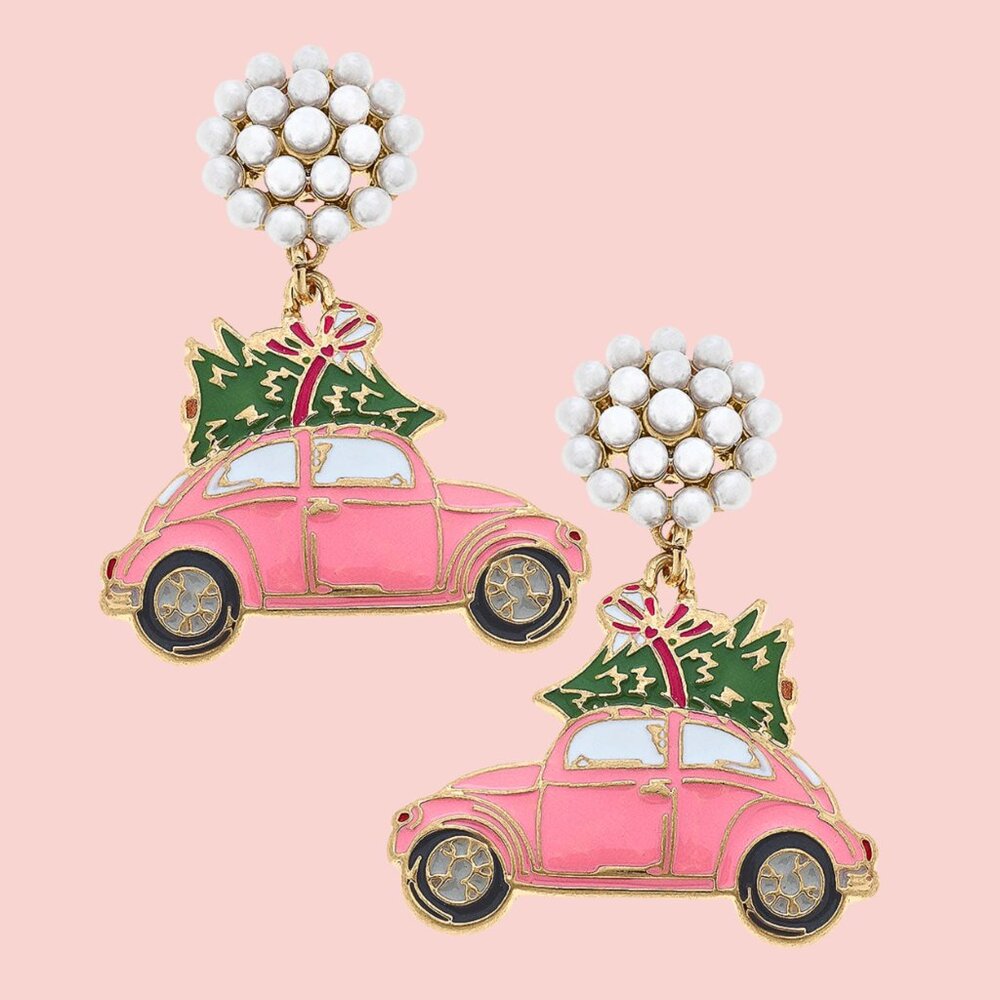 Volkswagen Bug Car VW Christmas Tree Enamel Earrings in Pink and Green